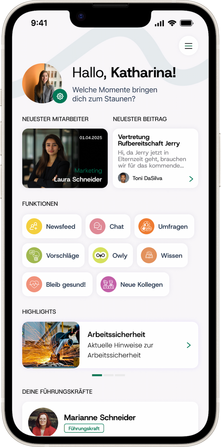 work.mate Mitarbeiterassistent App Startseite auf Smartphone